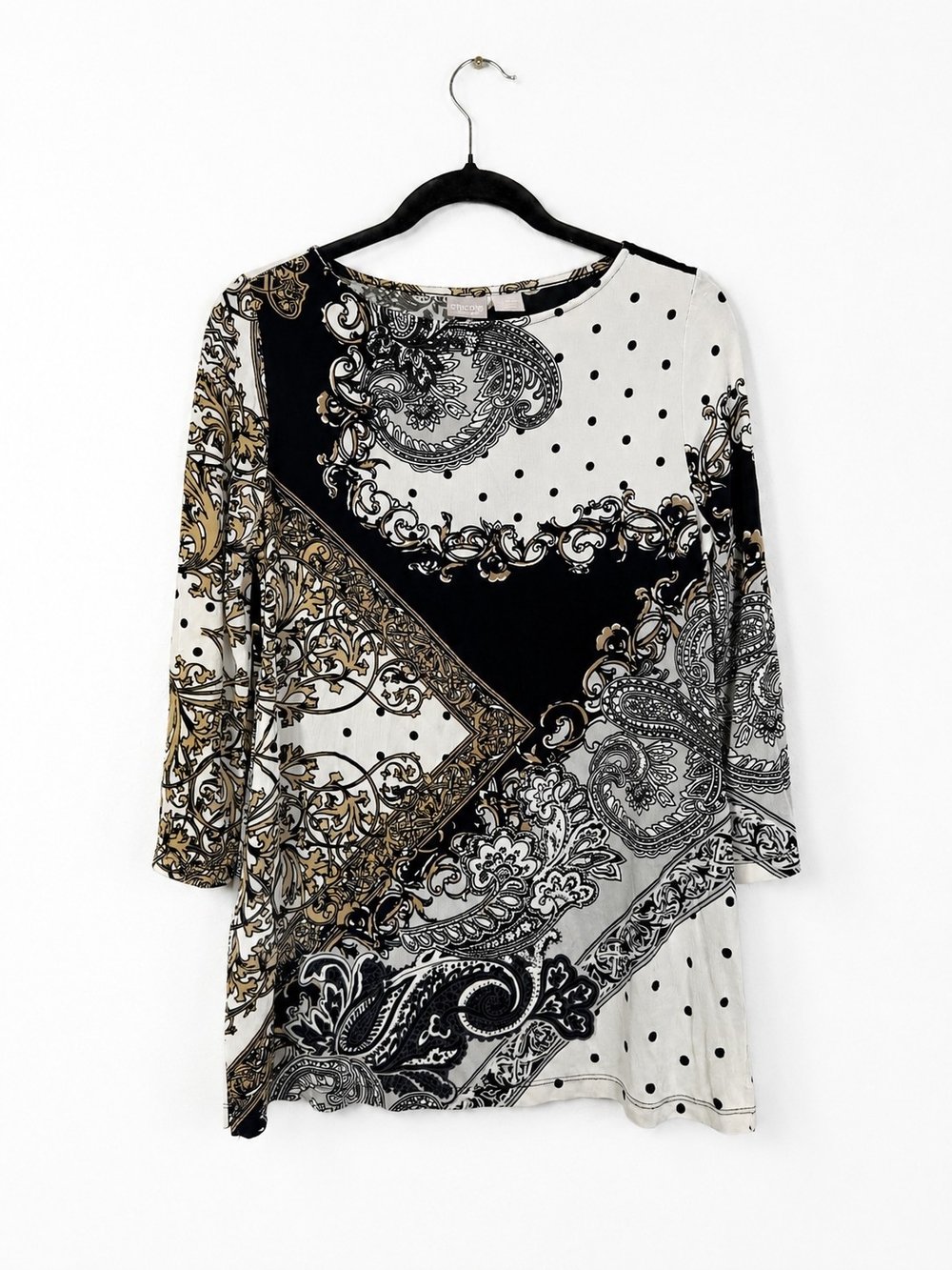 Chico's Travelers Size 0 Black White Paisley Scroll Dot Print Knit Top Career
